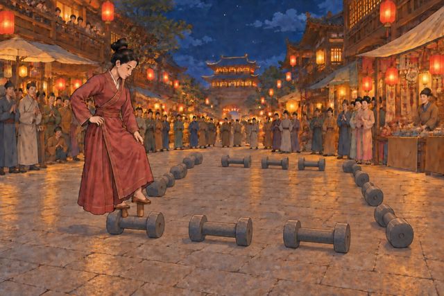 古代宫廷庭院中，红衣表演者站在四列灰色滚轮前，脚穿单柱支撑的木屐，远处观众等待开场。