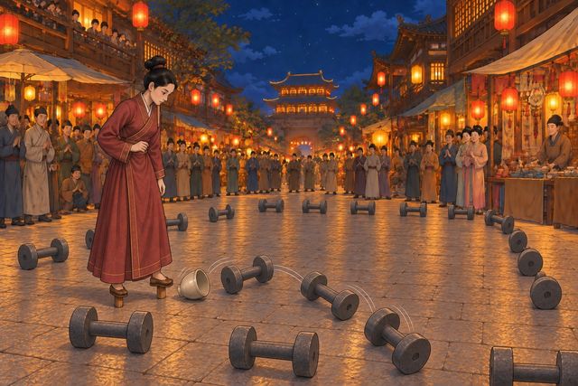 瓷器倾斜，部分灰色滚轮沿弧线接连倾倒；宫廷表演中的红衣女子神情紧张，尚未显露最终图案。