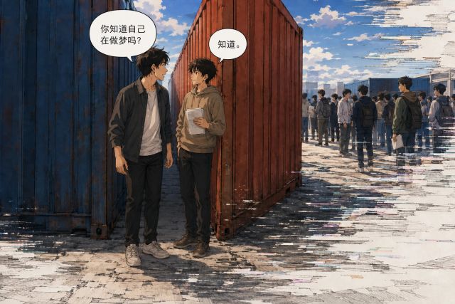 两位朋友在集装箱间面对面对话，气泡写着你知道自己在做梦吗和知道，远处人群排队交材料。