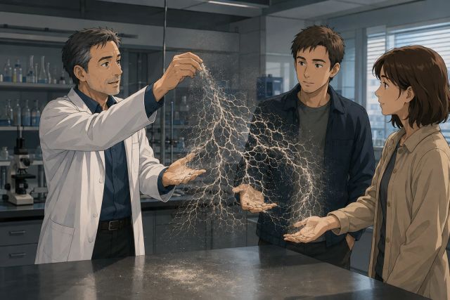 现代教授与两名成年人围坐桌旁，粉末显出手与手之间密集树根状的能量纹路。