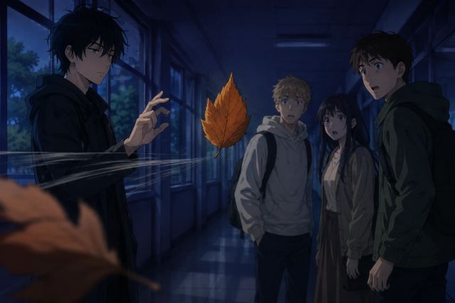 一片树叶被念力定在同学们面前，细小运动残影在叶片处骤然停止。