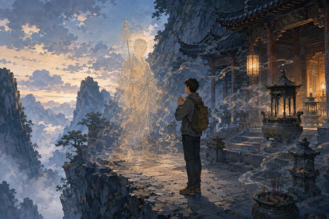 山崖边香火缭绕的空庙前，青年双手合十，面前地藏菩萨般的柔光化身正在淡去。
