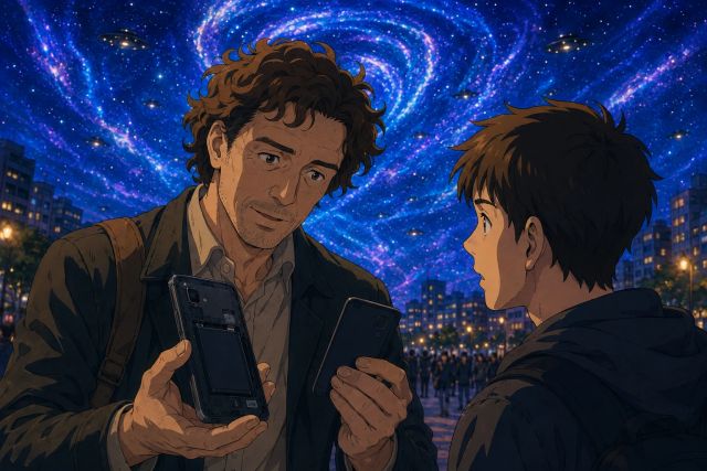 棕黄卷发的人形访客拆下手机后盖，查看电池舱，梦者在星空下看着他。