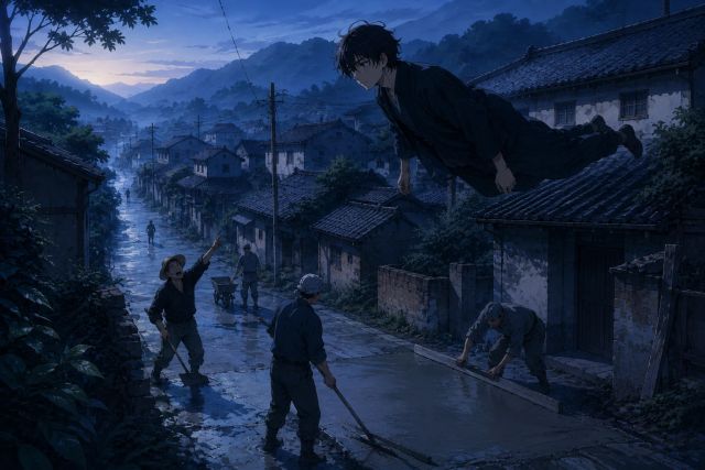 青年浮在童年村路上空，下面的工人正在铺水泥路。