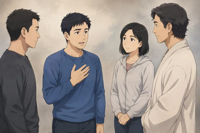 蓝衣梦者按着胸口，和另外两位现代装束的人向一位朴素浅衣来客谈起近况。