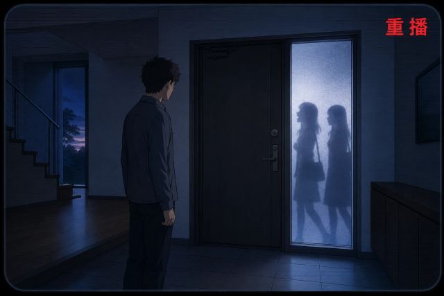 凌晨大厅中梦者看向紧闭的门，门外两位女生的影子经过，画面右上出现红色重播二字。