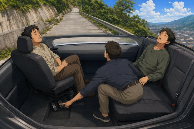 车内三人，梦者从后排俯身用左手按踏板，前座朝后而头抬向道路。