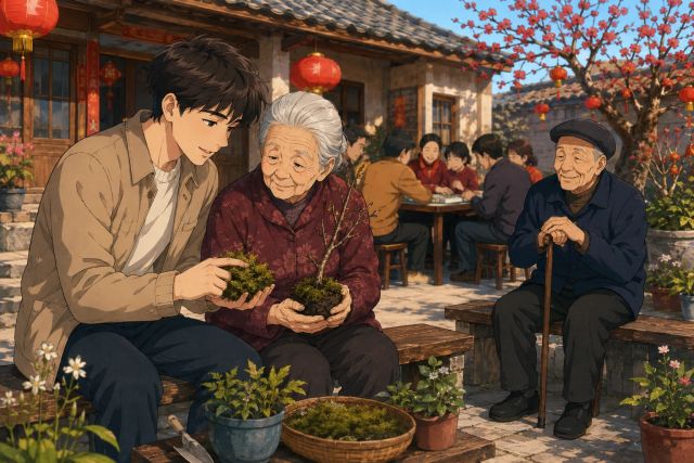 青年陪外婆坐在长凳上辨认苔藓与梨树苗，爷爷坐在另一条长凳上。