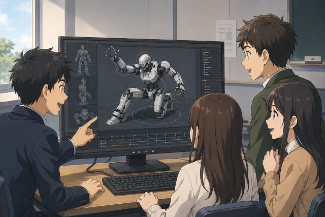 教室小组展示电脑屏幕中的可动人形机器人模型和线框视图。