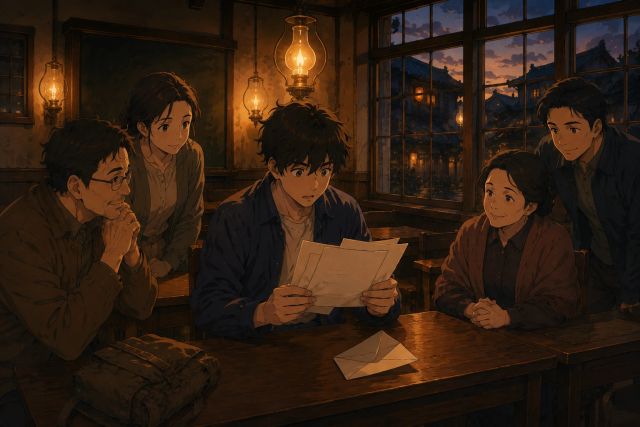 青年在教室里捧着多页回信，家人围在旁边看。