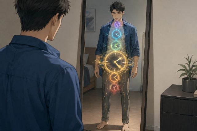 镜中的身体显出沿躯干排列的钟表状脉轮，腹部表盘的指针留下快速旋转的残影