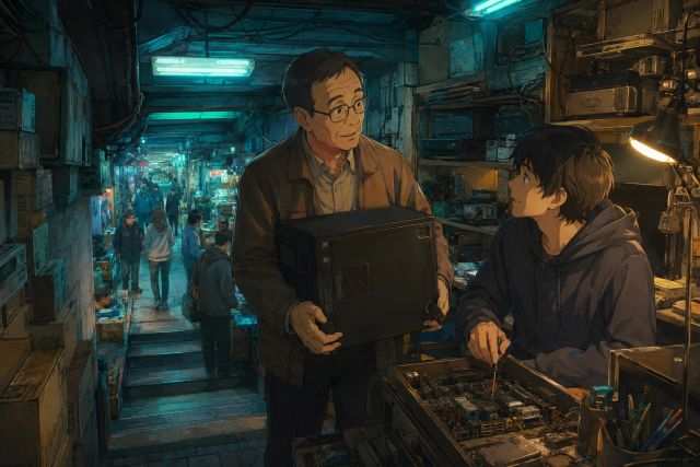 狭窄地下商场里，旧识在修电脑的摊位旁交谈