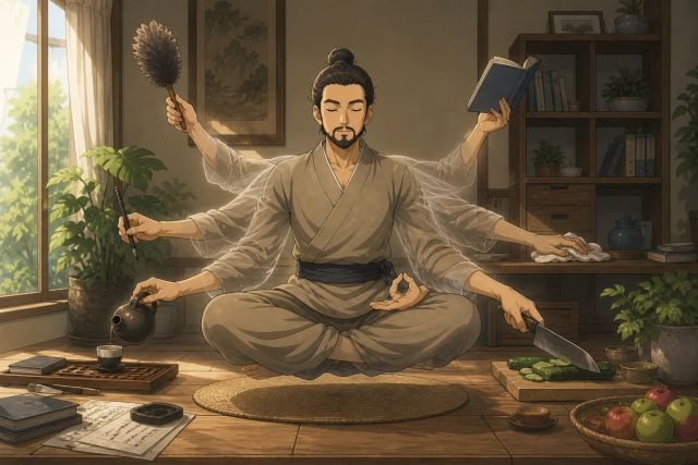 打坐男子守住左手手印，以额外手臂处理日常事务