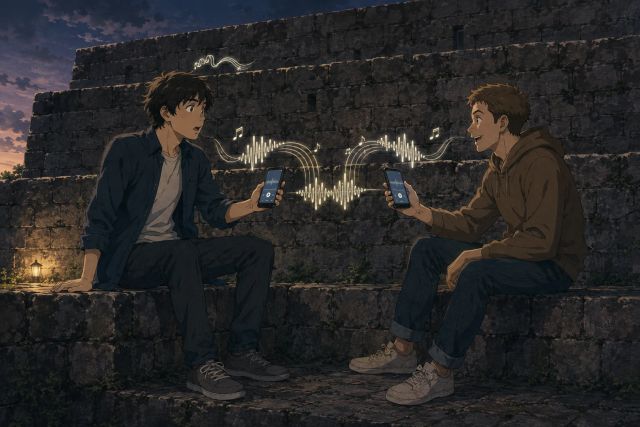 两人各持一部手机，播放相同的脑中旋律