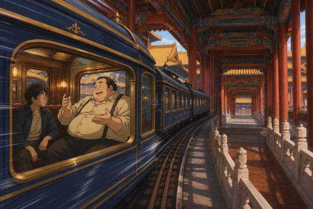 列车穿过无尽中式宫廊