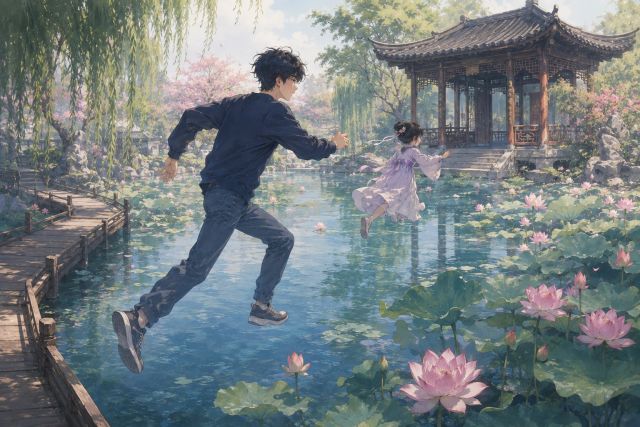 离开木栈，悬空跑过荷塘