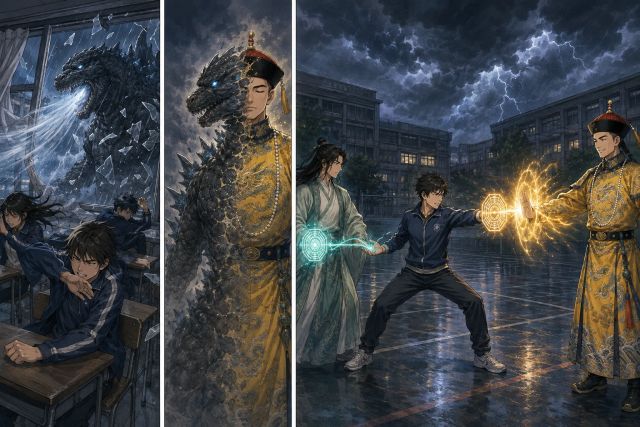 雨夜校园里的雍正哥斯拉 · 完整封面插画